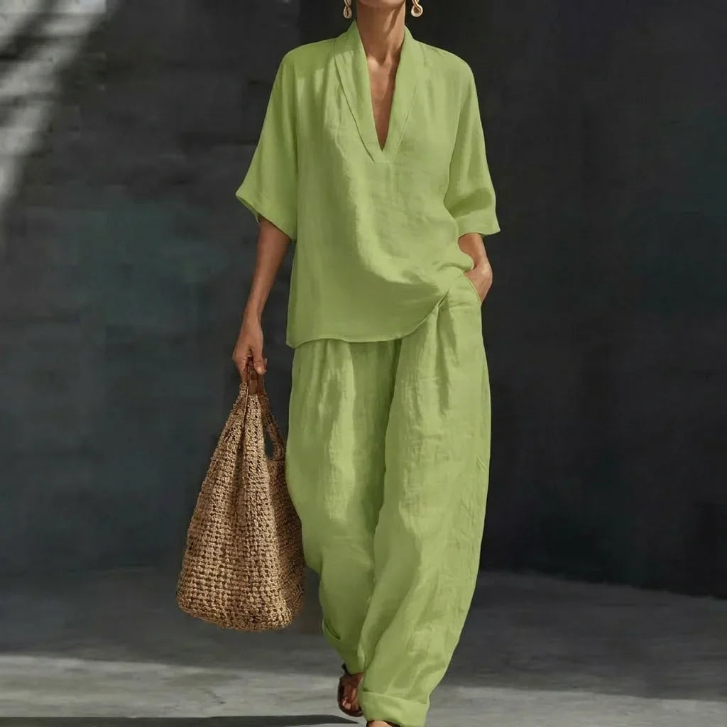 V-Neck Top and Wide Leg Pants Set for Women