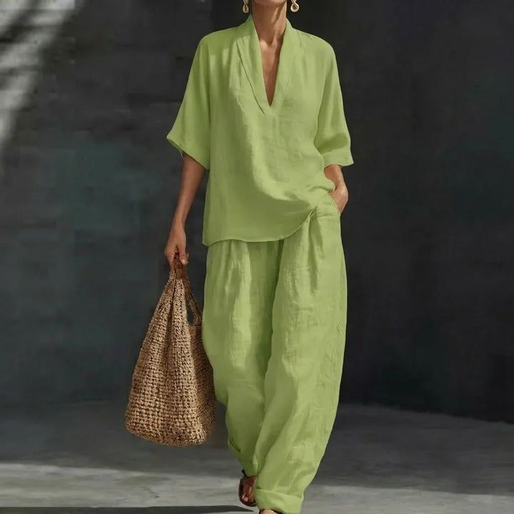 V-Neck Top and Wide Leg Pants Set for Women