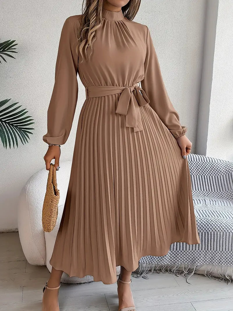 Stylish Pleated Midi Dress for Women with Adjustable Belt
