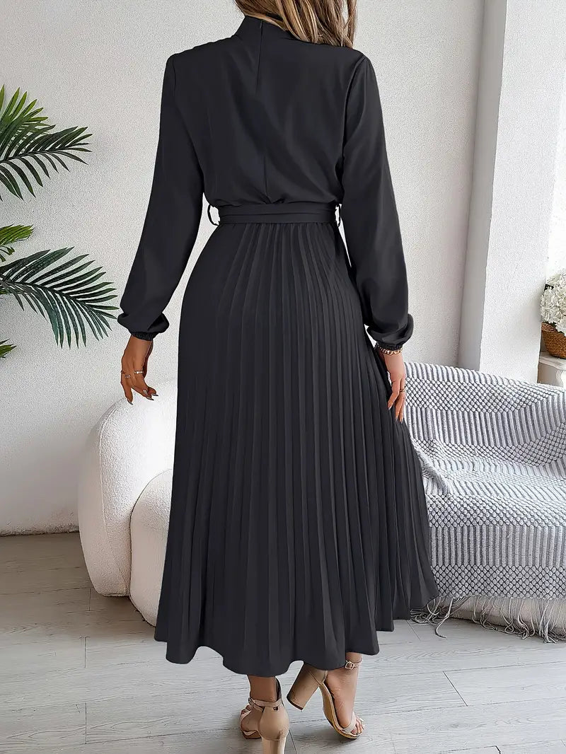 Stylish Pleated Midi Dress for Women with Adjustable Belt