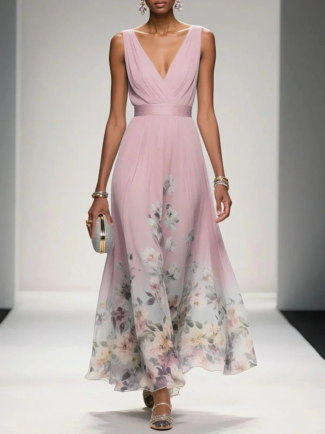 Floral Deep V-Neck Midi Dress for Women