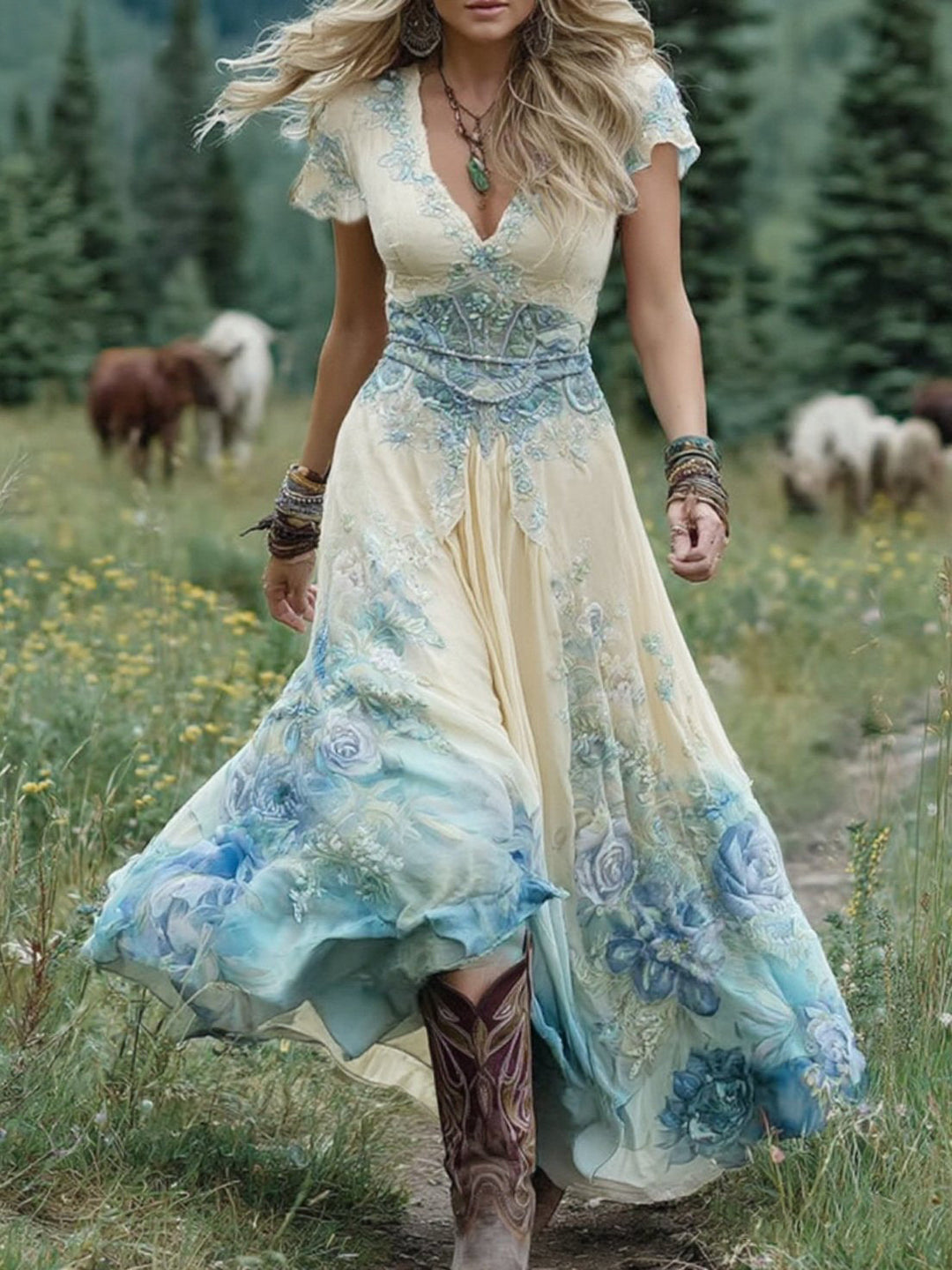 Floral V-Neck Maxi Dress for Women