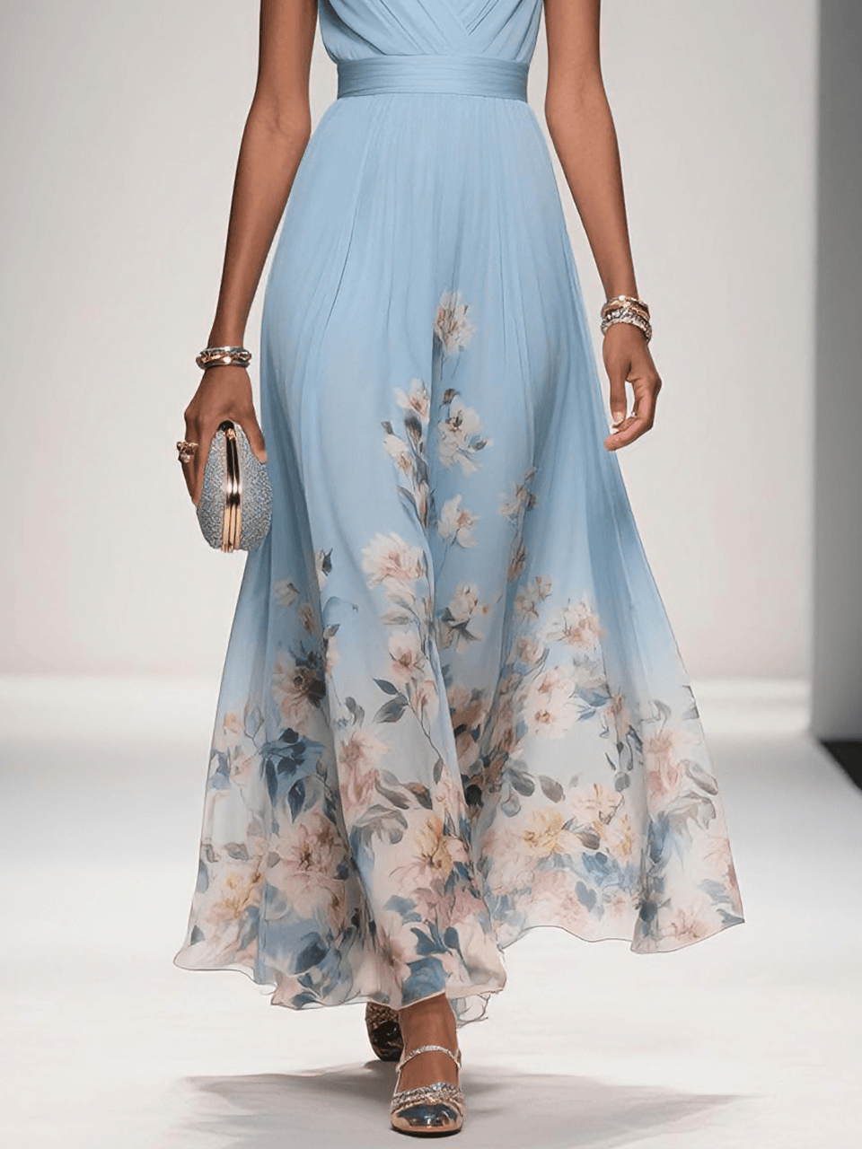 Floral Deep V-Neck Midi Dress for Women