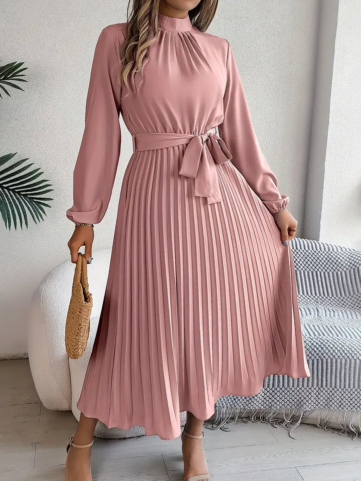 Stylish Pleated Midi Dress for Women with Adjustable Belt