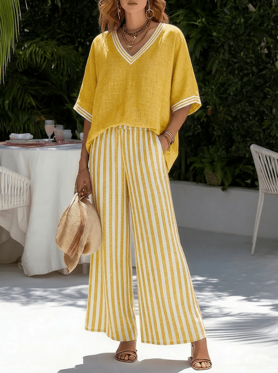 V-Neck Top and Striped Wide Leg Trouser Set for Women