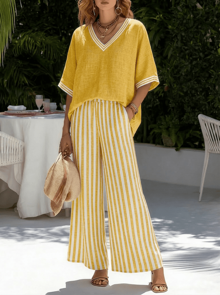 V-Neck Top and Striped Wide Leg Trouser Set for Women