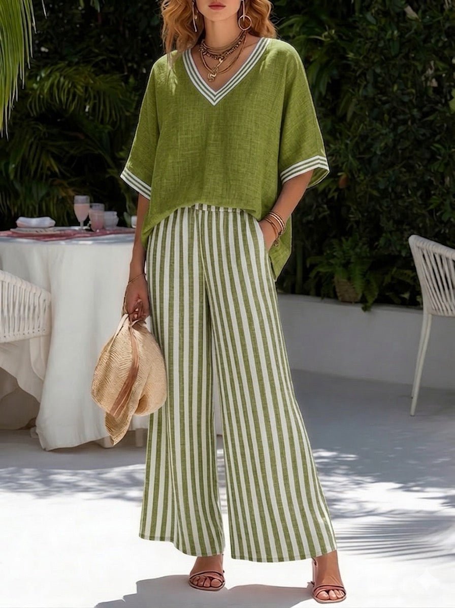 V-Neck Top and Striped Wide Leg Trouser Set for Women