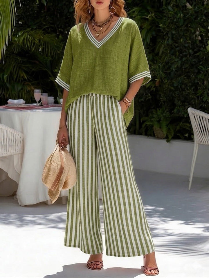V-Neck Top and Striped Wide Leg Trouser Set for Women