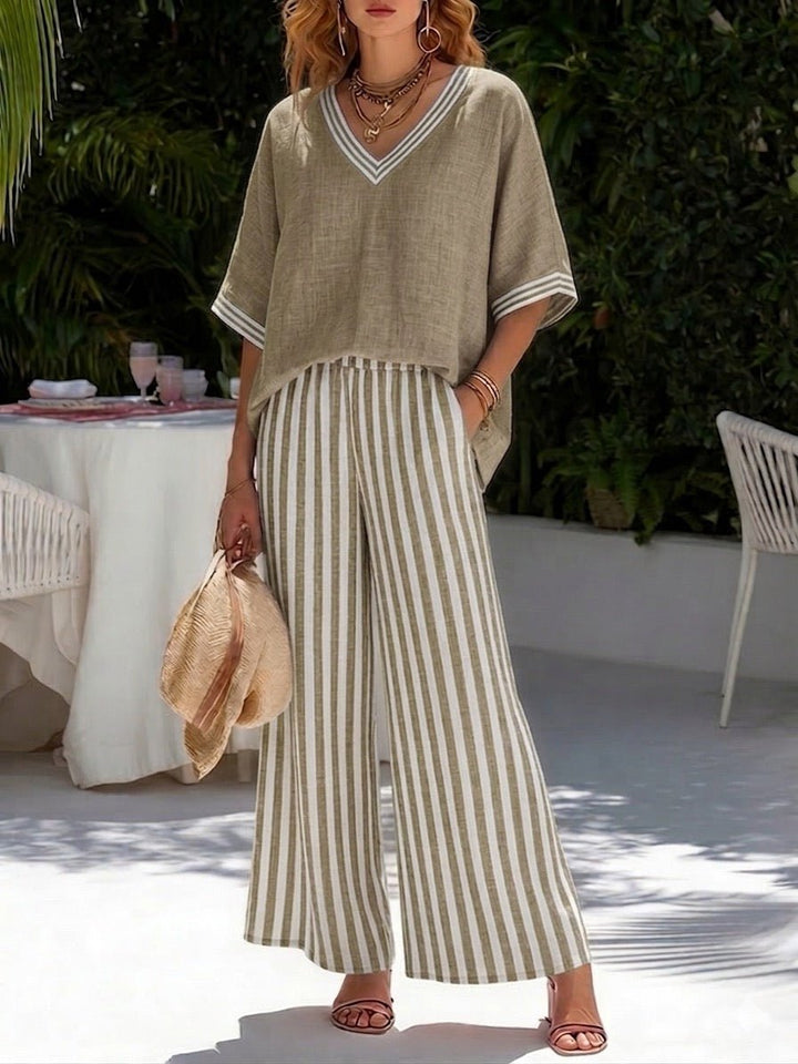 V-Neck Top and Striped Wide Leg Trouser Set for Women