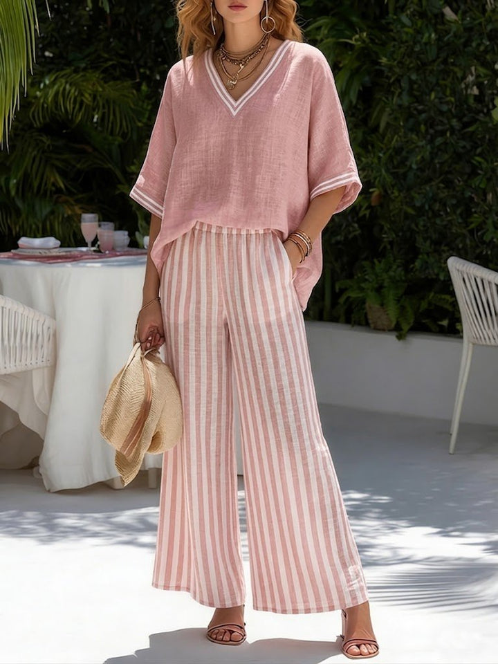 V-Neck Top and Striped Wide Leg Trouser Set for Women