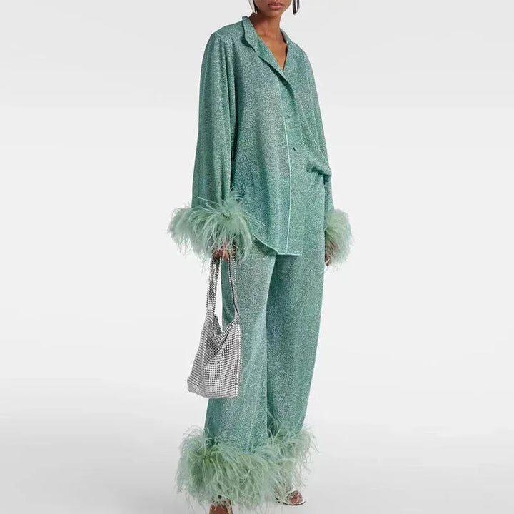 Feather Trim Top and Wide Leg Pants Set for Women