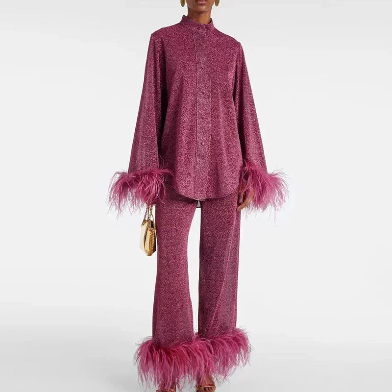 Feather Trim Top and Wide Leg Pants Set for Women