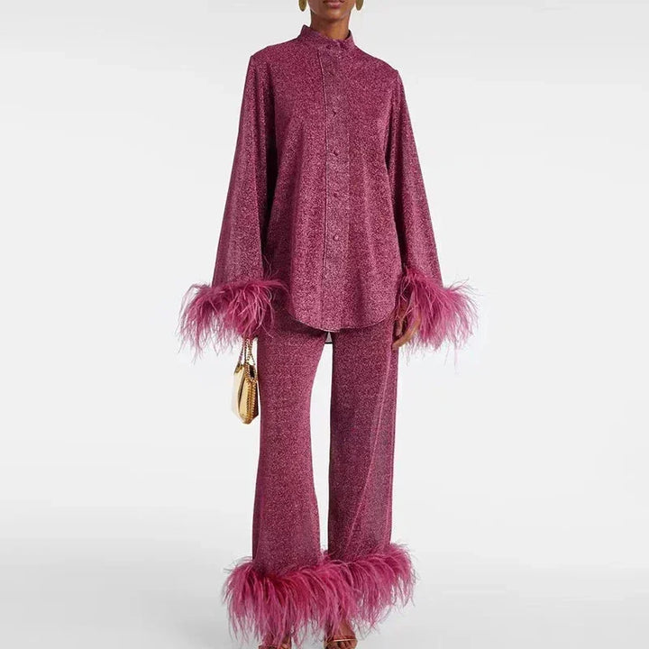 Feather Trim Top and Wide Leg Pants Set for Women