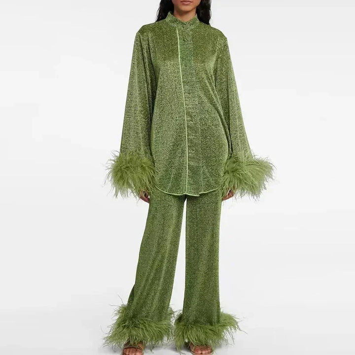 Feather Trim Top and Wide Leg Pants Set for Women