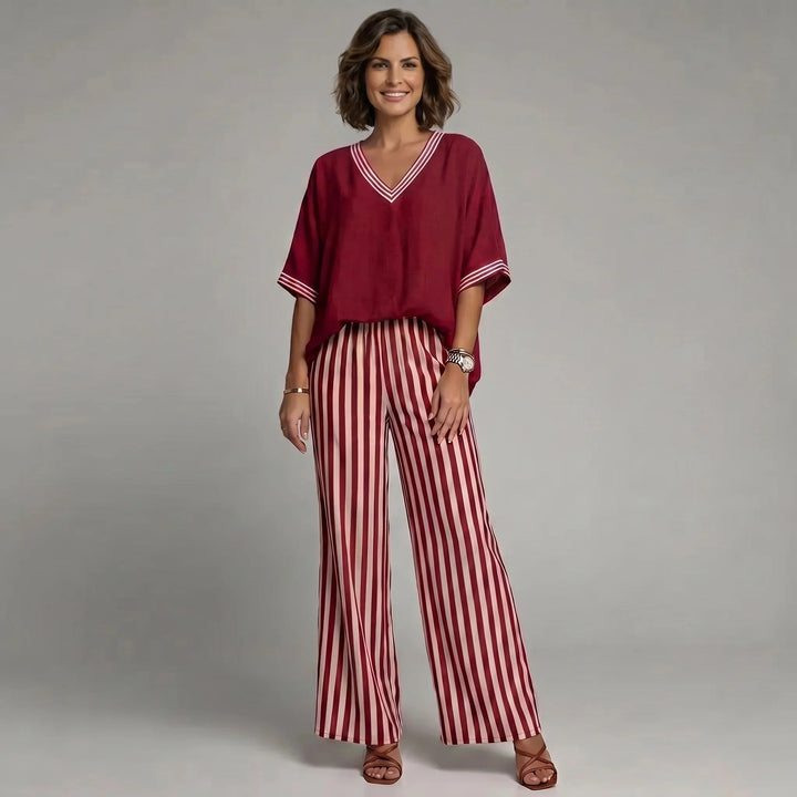 V-Neck Top and Striped Wide Leg Trouser Set for Women