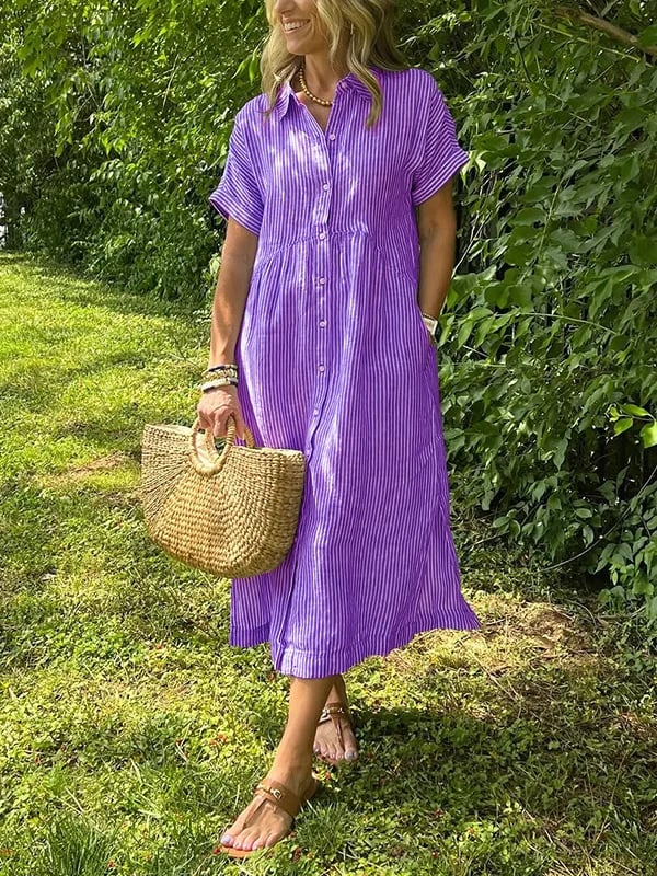 Striped Midi Shirt Dress with Pockets for Women
