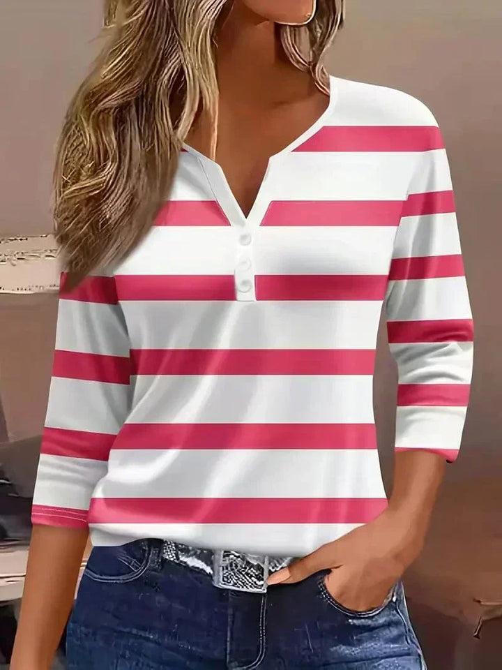 Striped V-Neck Three-Quarter Sleeve Top for Women