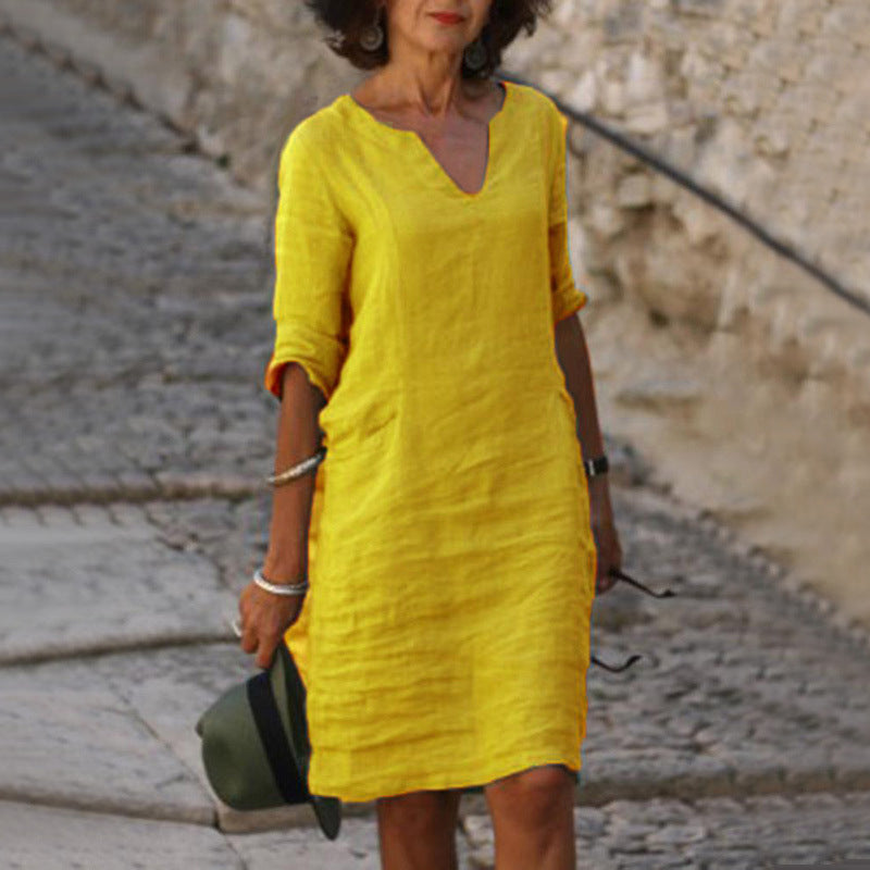 V Neck Midi Dress with 3/4 Sleeves for Women