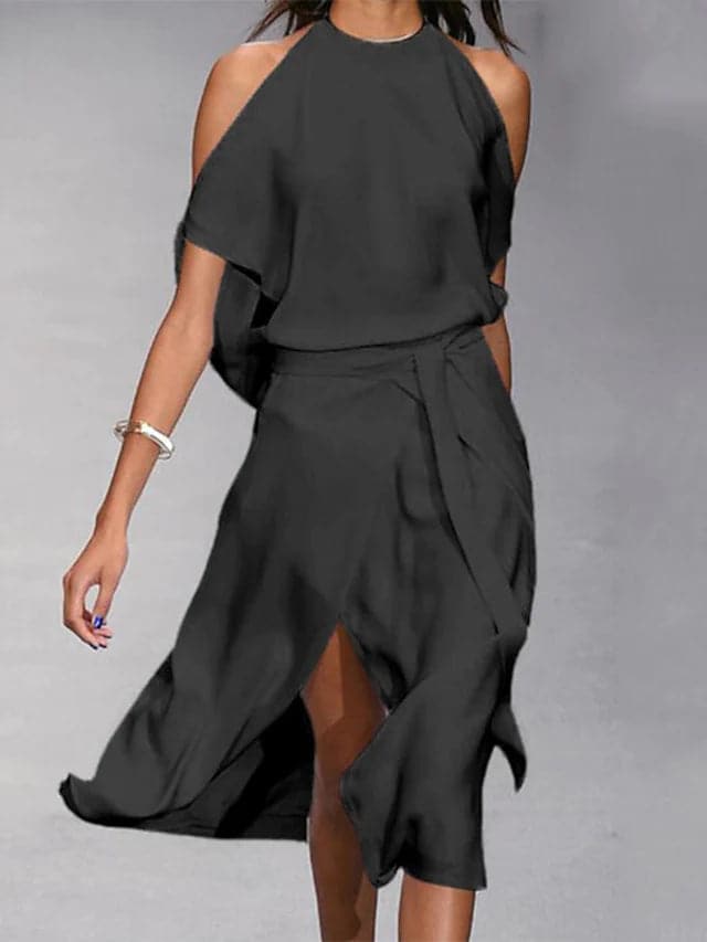 Halter Neck Midi Dress with Slit for Women