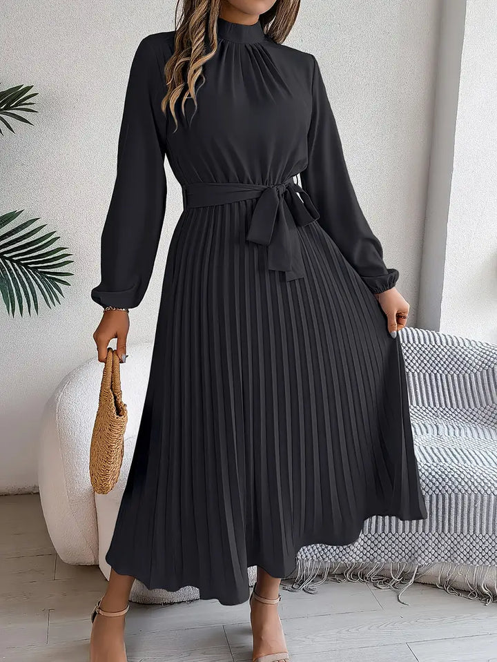 Stylish Pleated Midi Dress for Women with Adjustable Belt