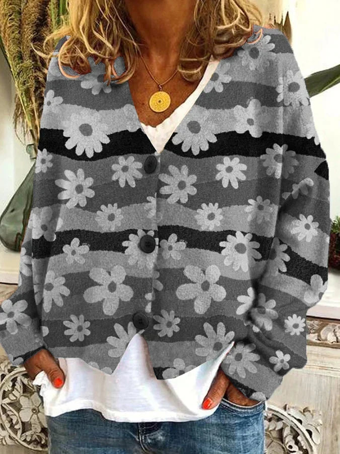 Floral Stripe Loose Knit Cardigan for Women