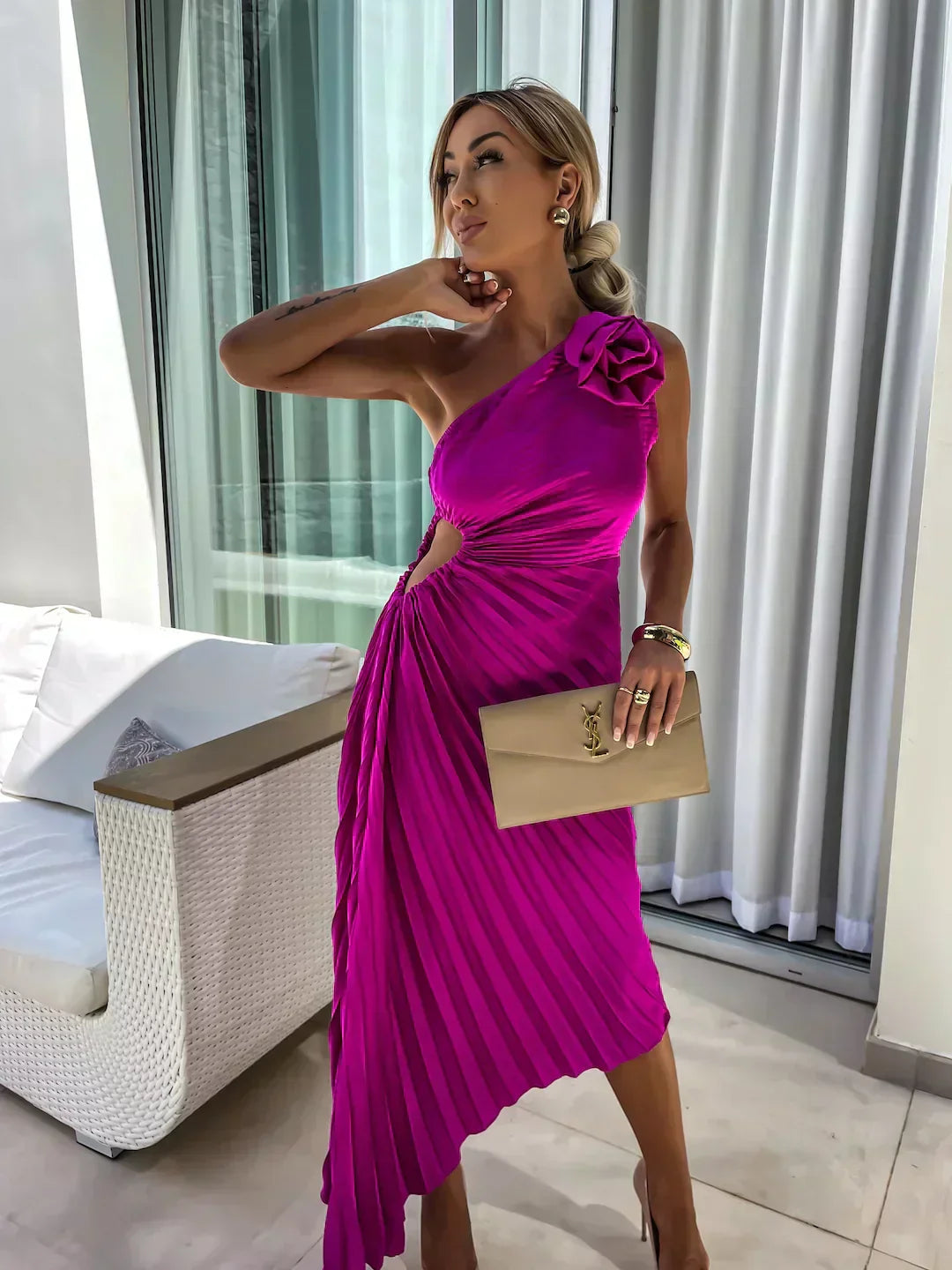 Chic Pleated Shoulder Dress Elegant