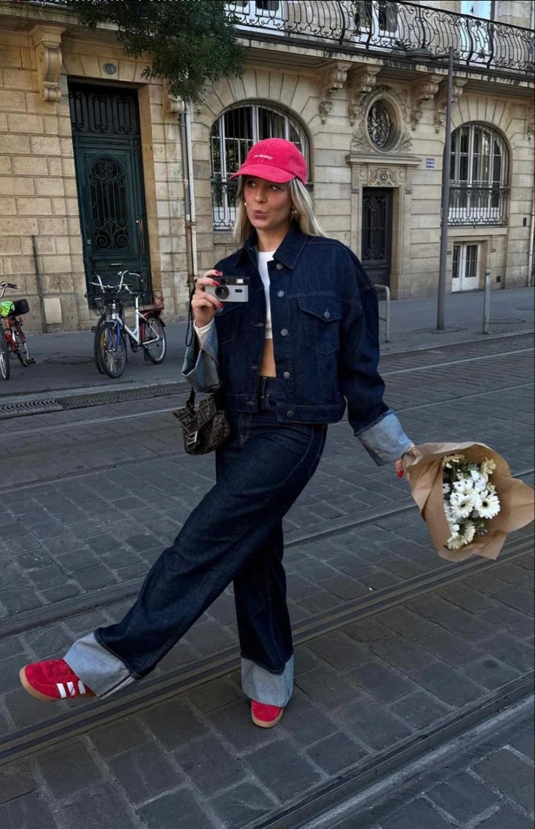 Denim Jacket and Wide Leg Pants Set for Women