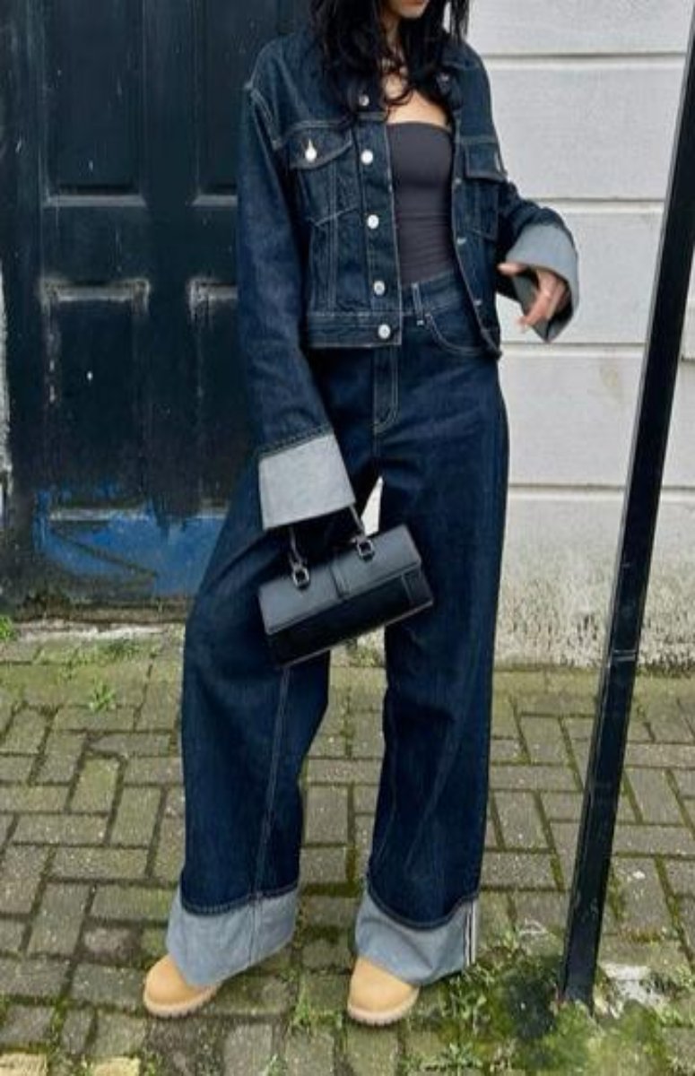 Denim Jacket and Wide Leg Pants Set for Women