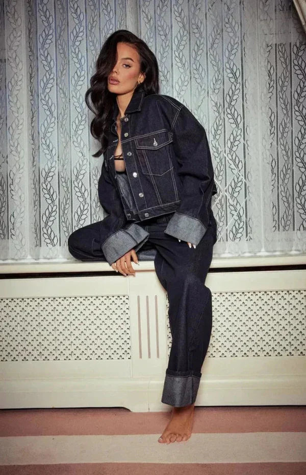Denim Jacket and Wide Leg Pants Set for Women