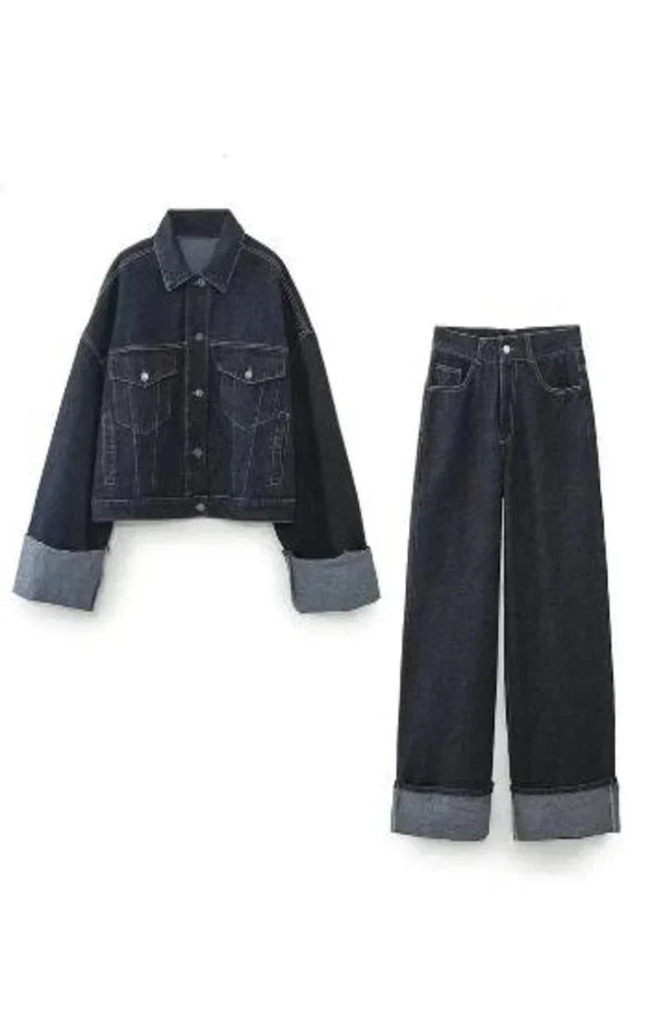 Denim Jacket and Wide Leg Pants Set for Women