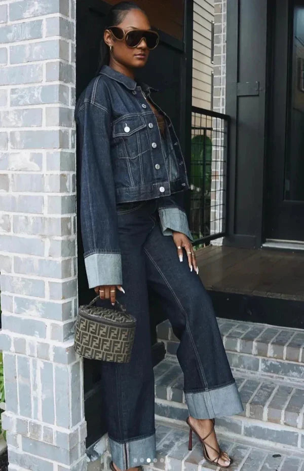 Denim Jacket and Wide Leg Pants Set for Women