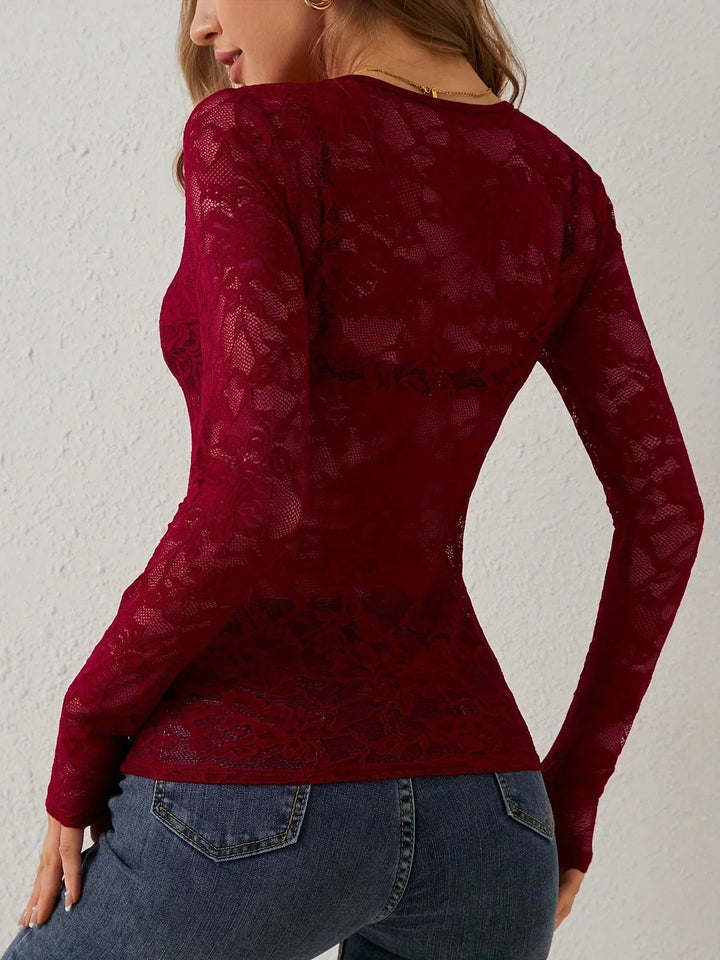 Sheer Lace V-Neck Long Sleeve Top for Women