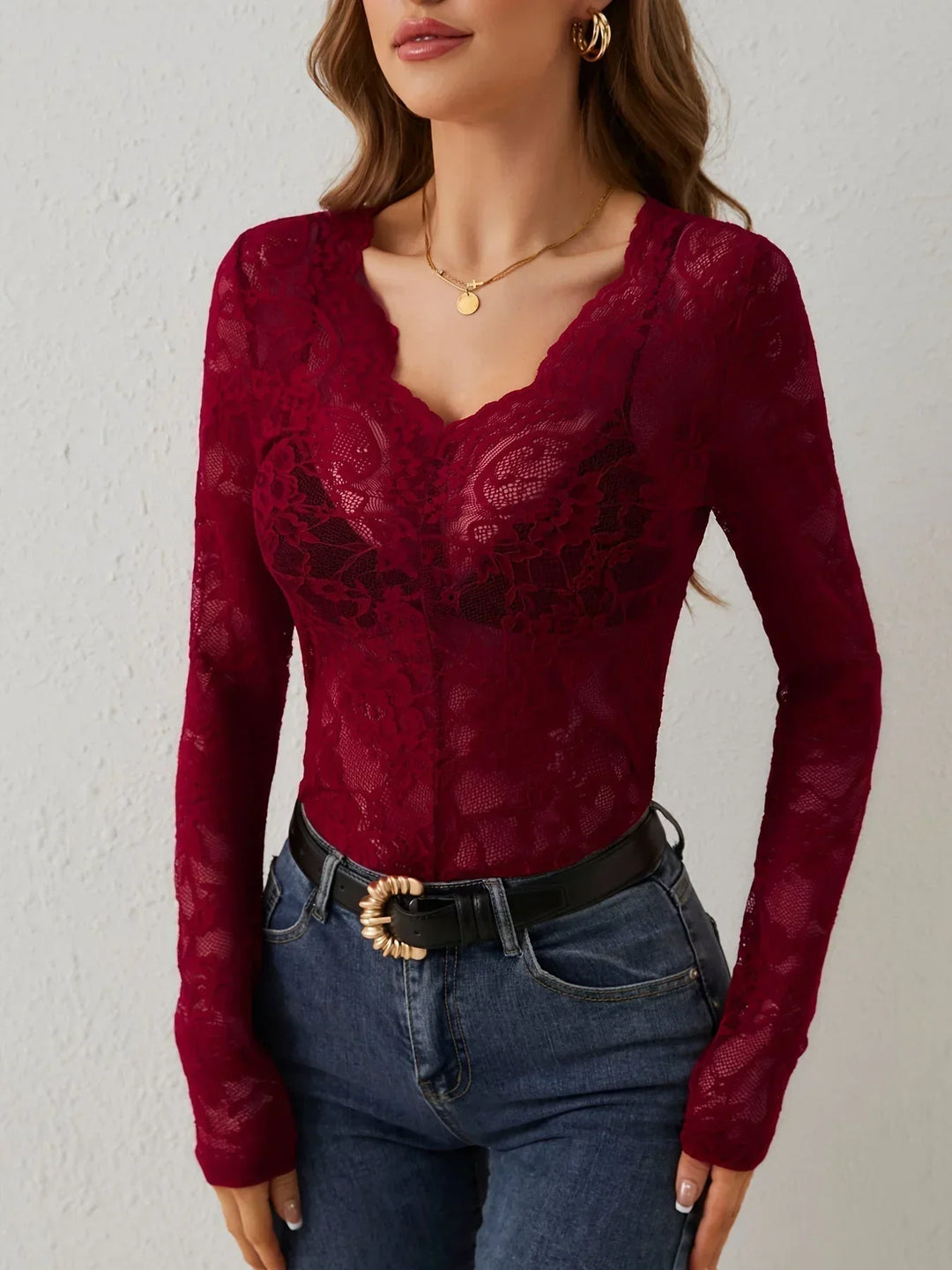 Sheer Lace V-Neck Long Sleeve Top for Women