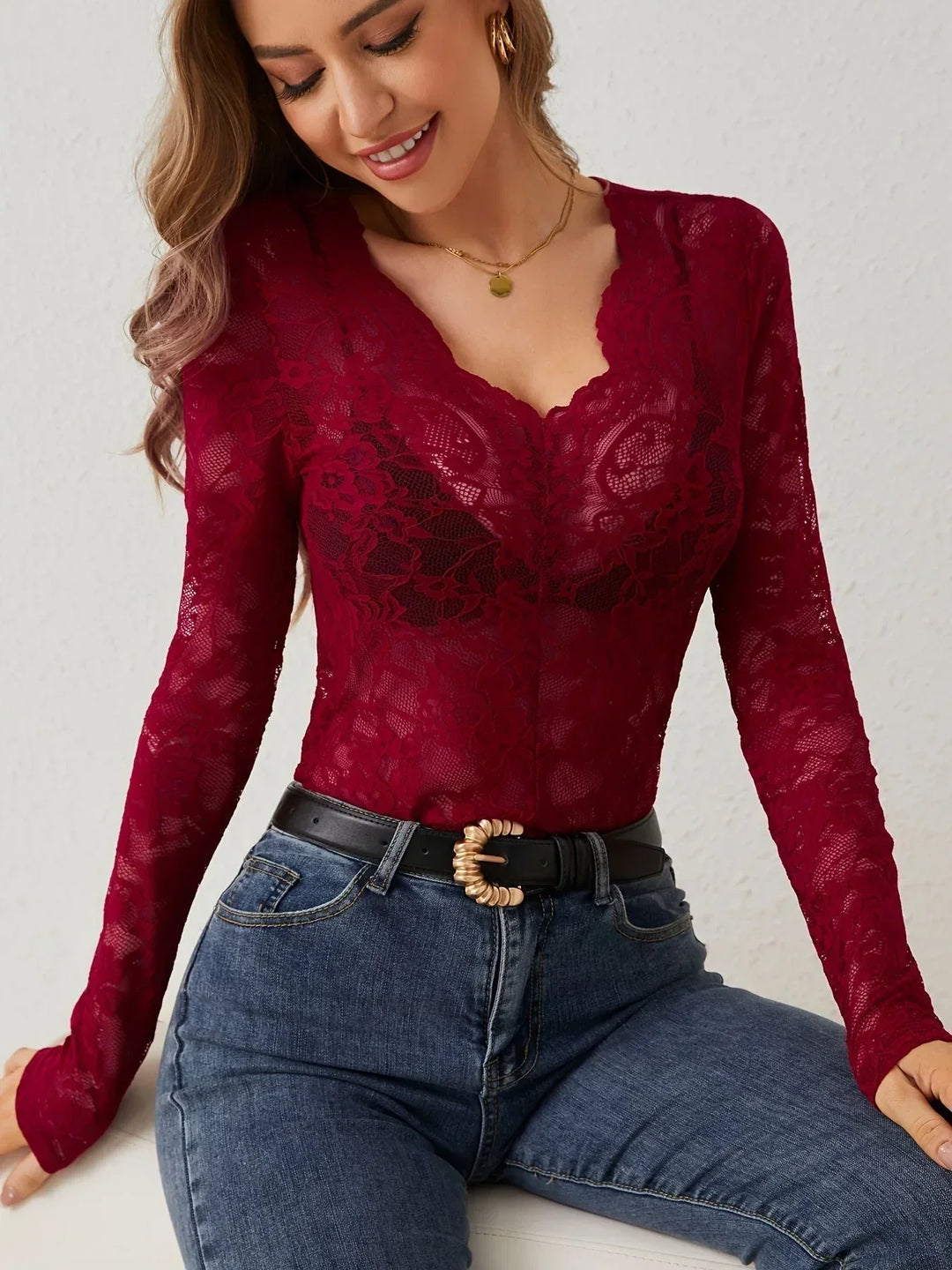 Sheer Lace V-Neck Long Sleeve Top for Women