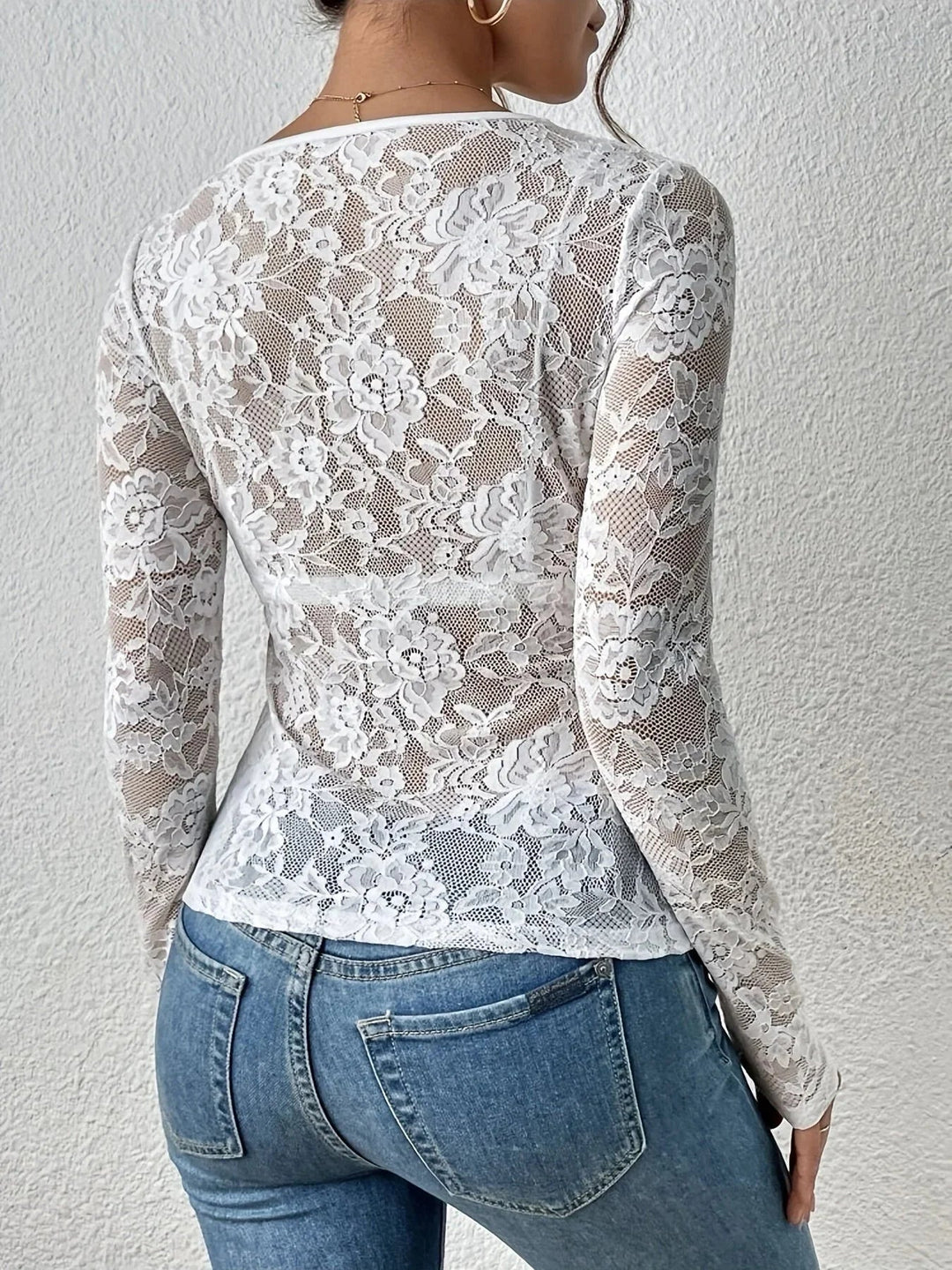 Sheer Lace V-Neck Long Sleeve Top for Women