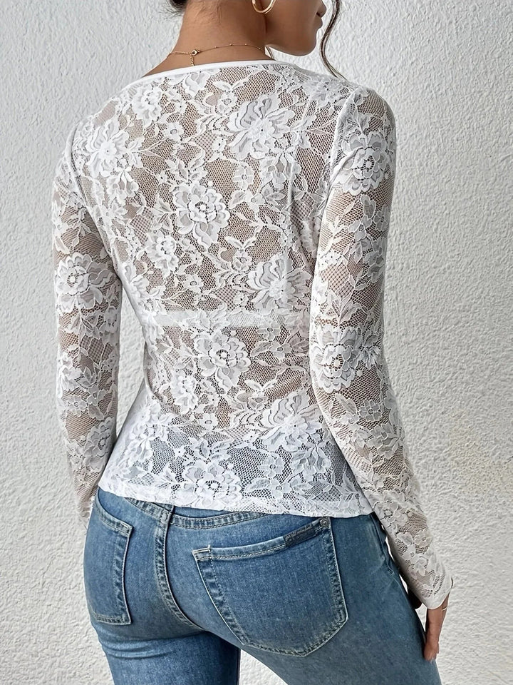 Sheer Lace V-Neck Long Sleeve Top for Women