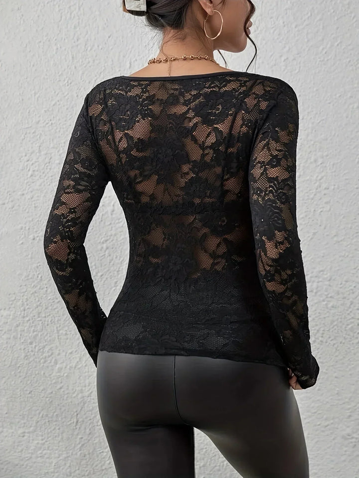 Sheer Lace V-Neck Long Sleeve Top for Women