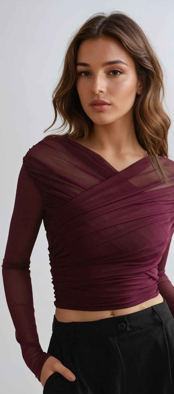 Long Sleeve Sheer Mesh Wrap Top for Women