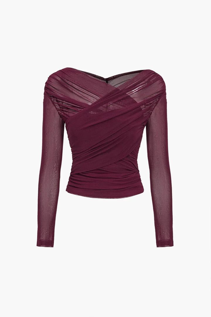 Long Sleeve Sheer Mesh Wrap Top for Women