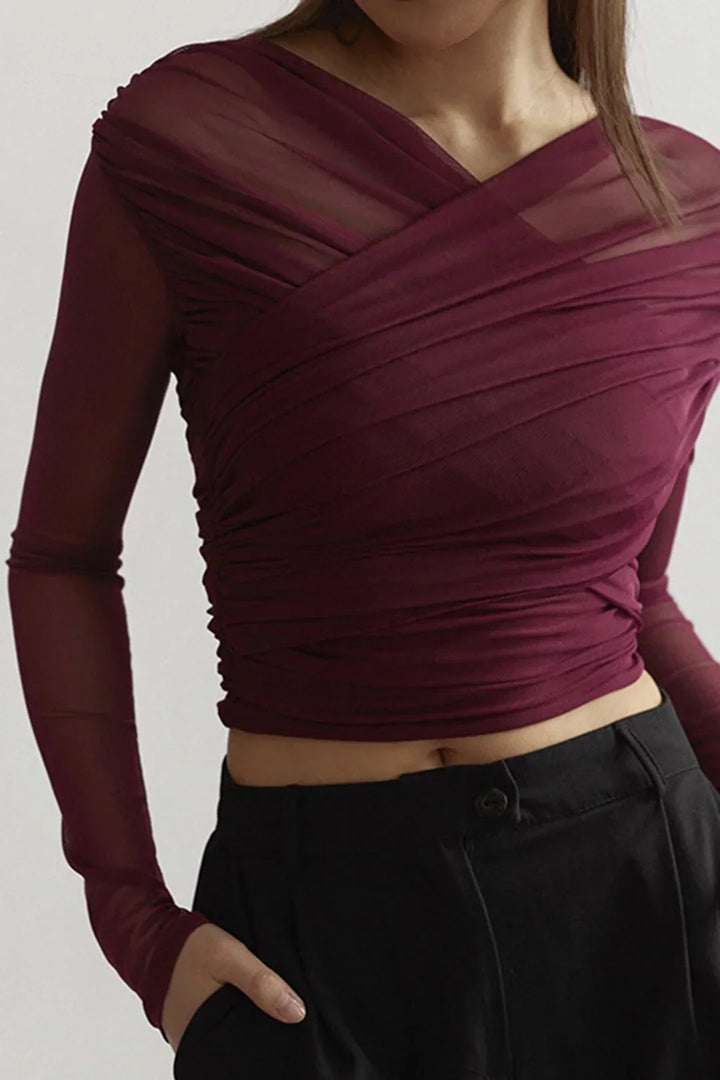 Long Sleeve Sheer Mesh Wrap Top for Women