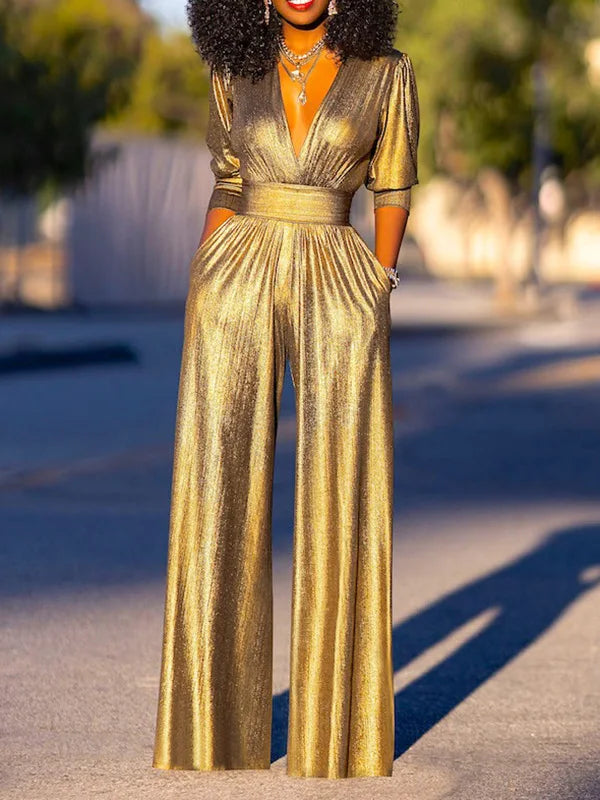Pleated Wrap Wide-Leg Jumpsuit for Women