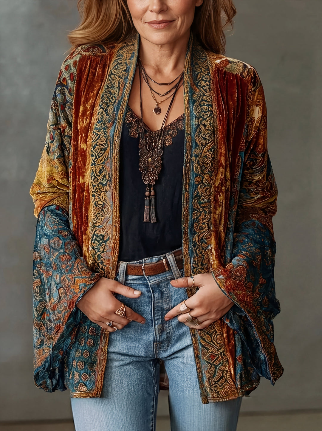 Velvet Patchwork Kimono Cardigan for Women