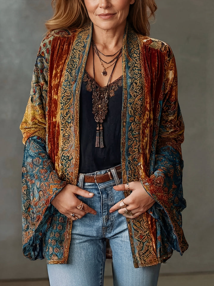 Velvet Patchwork Kimono Cardigan for Women