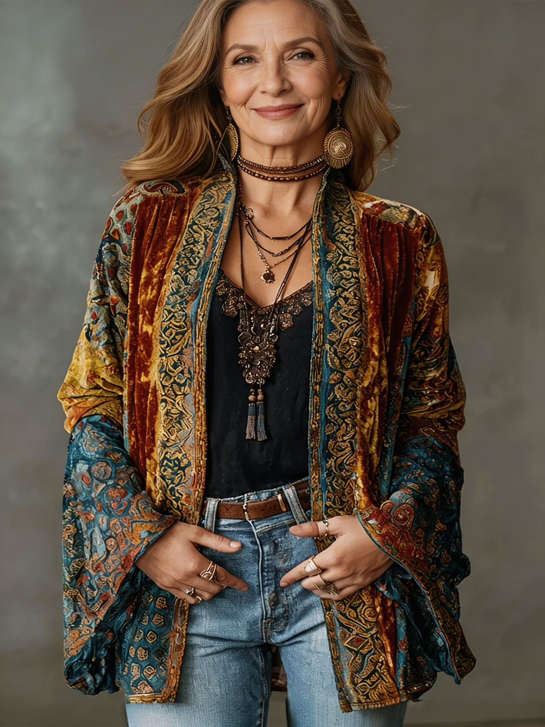 Velvet Patchwork Kimono Cardigan for Women