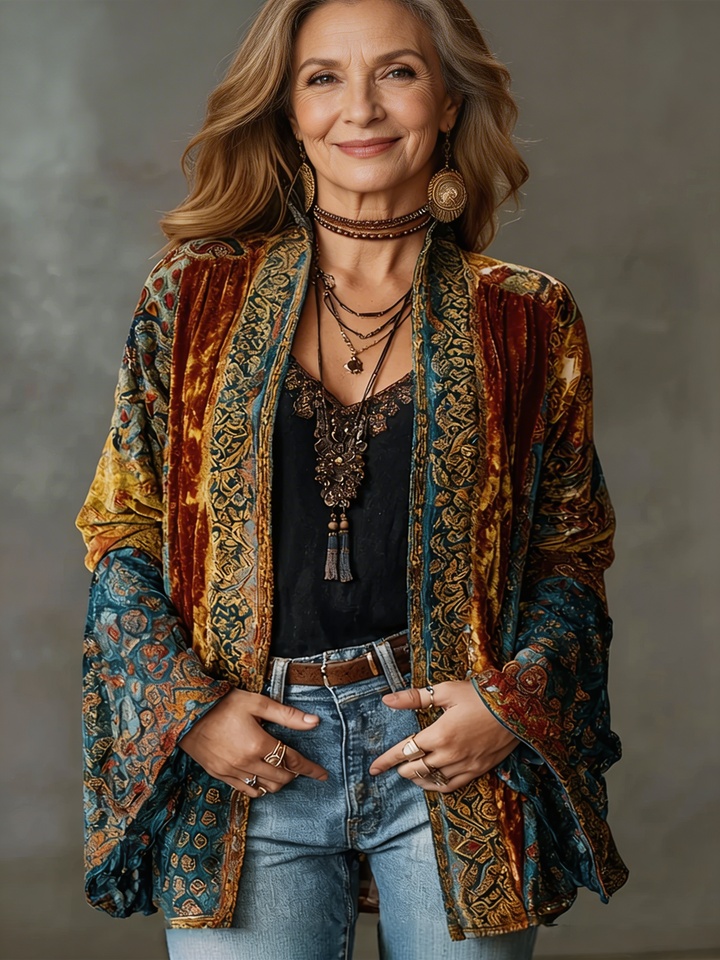Velvet Patchwork Kimono Cardigan for Women