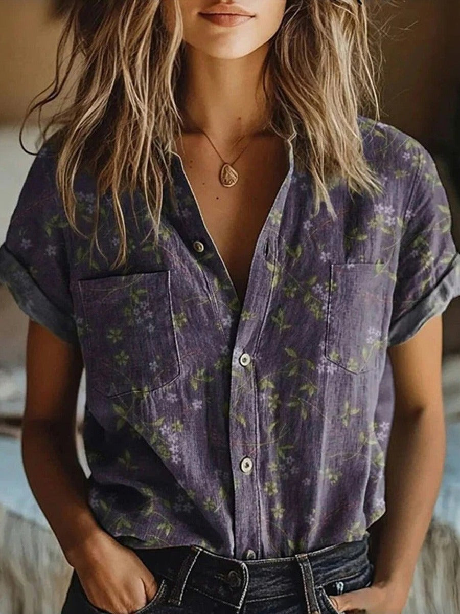 Floral Lapel Short Sleeve Blouse for Women