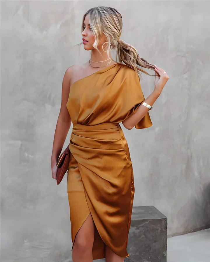 Elegant Off-Shoulder Satin Midi Dress with Flowing Drapes