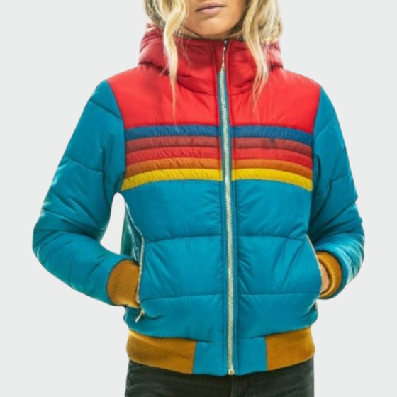 Striped Hooded Puffer Jacket for Women