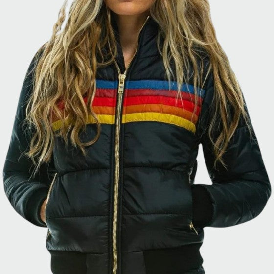 Striped Hooded Puffer Jacket for Women