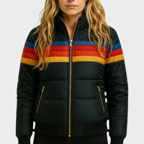 Striped Hooded Puffer Jacket for Women